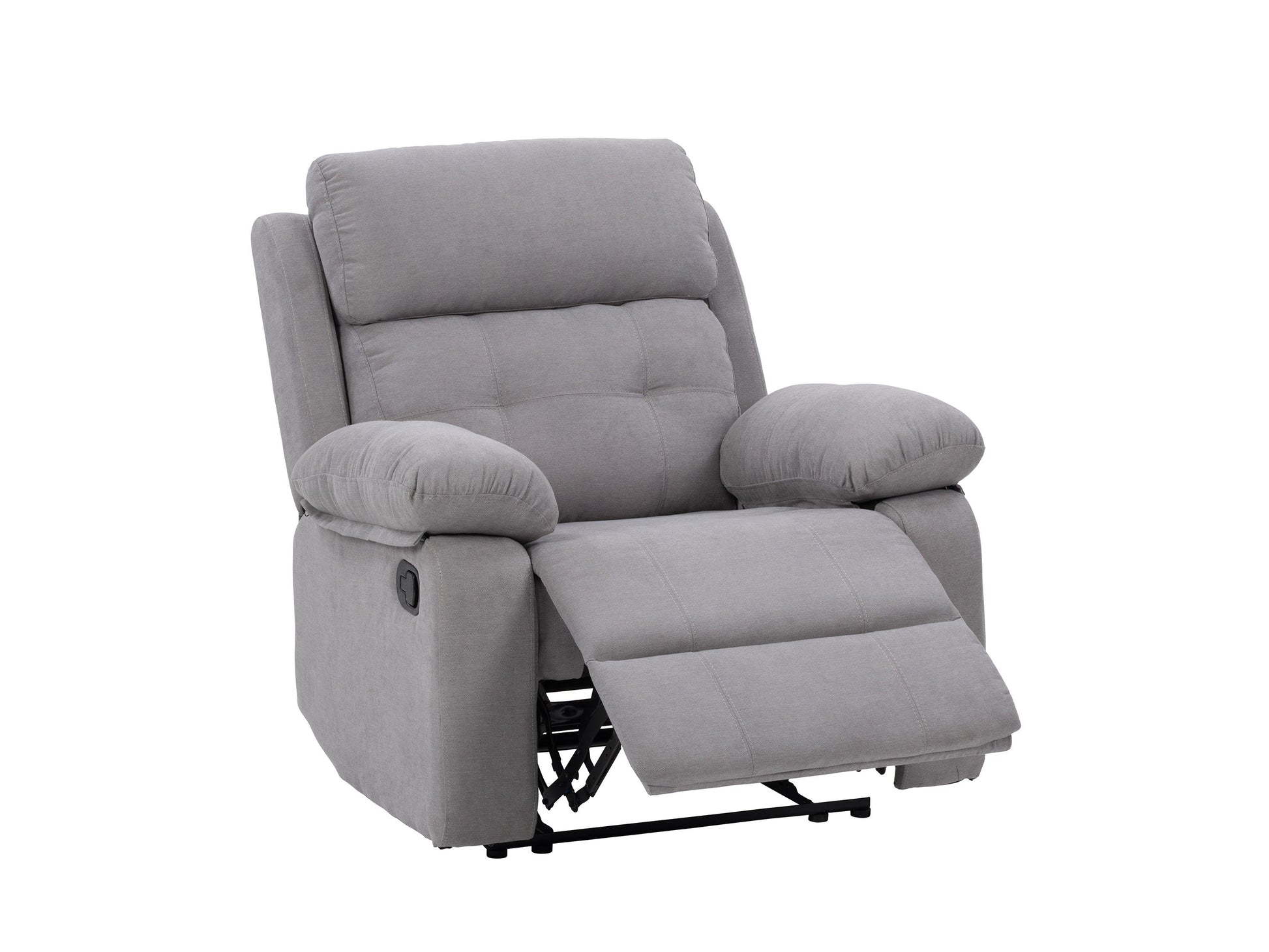 Extra wide light grey recliner with plush fabric, padded armrests, and a smooth reclining mechanism, perfect for living room comfort and relaxation.