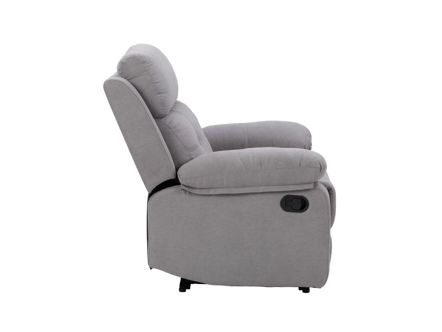 Extra wide light grey recliner with plush fabric, padded armrests, and a smooth reclining mechanism, perfect for living room comfort and relaxation.