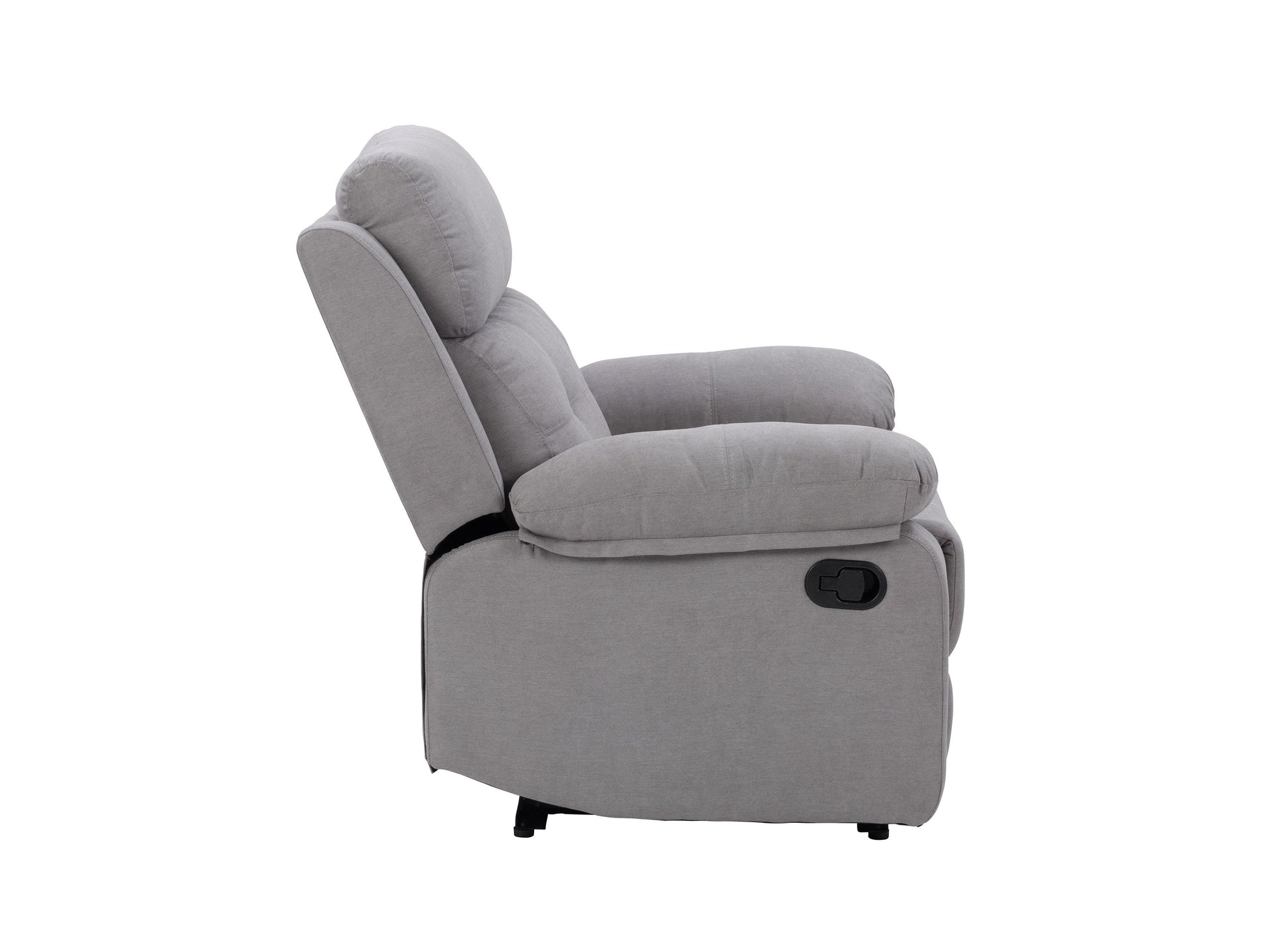 Extra wide light grey recliner with plush fabric, padded armrests, and a smooth reclining mechanism, perfect for living room comfort and relaxation.