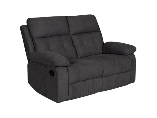 Dark grey 2 seater recliner sofa with plush cushions, soft fabric upholstery, and manual reclining mechanism. Perfect for living rooms or home theaters, offering comfort and style with a modern design.