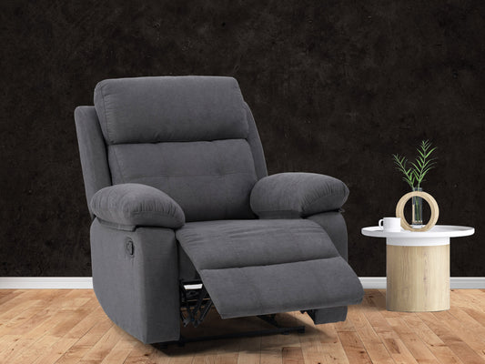 Dark grey extra wide recliner with plush cushions, soft fabric upholstery, and a sturdy metal frame. Ideal for living room comfort, featuring a reclining mechanism and spacious seating for ultimate relaxation.