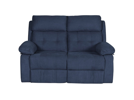 Blue 2-seater recliner sofa with plush cushions, sleek faux leather upholstery, and sturdy metal frame. Features dual reclining seats, padded armrests, and modern design perfect for small living rooms or cozy spaces.