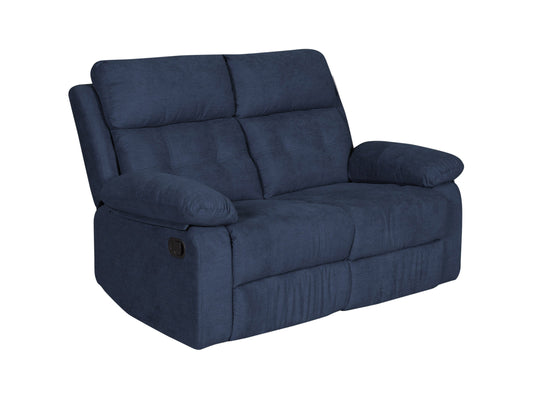Blue 2-seater recliner sofa with plush cushions, sleek faux leather upholstery, and sturdy metal frame. Features dual reclining seats, padded armrests, and modern design perfect for small living rooms or cozy spaces.