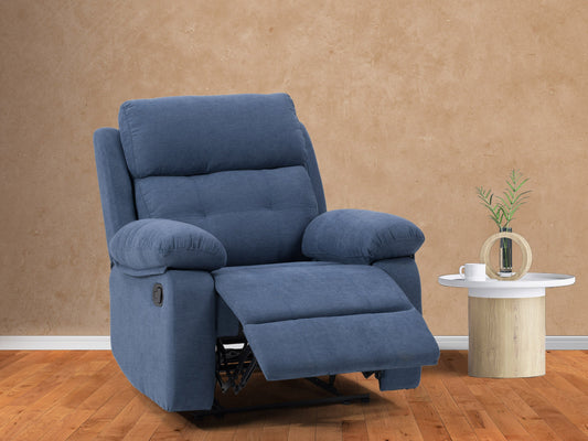 Extra wide blue recliner with plush fabric upholstery, padded armrests, and a sturdy wooden frame; ideal for living rooms and home theaters.