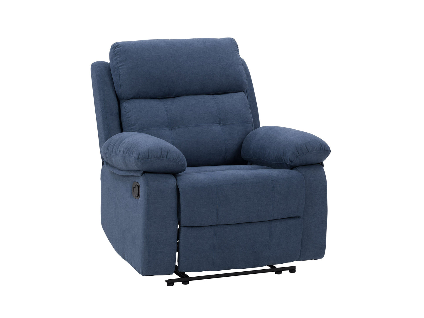 Extra wide blue recliner with plush fabric upholstery, padded armrests, and a sturdy wooden frame; ideal for living rooms and home theaters.
