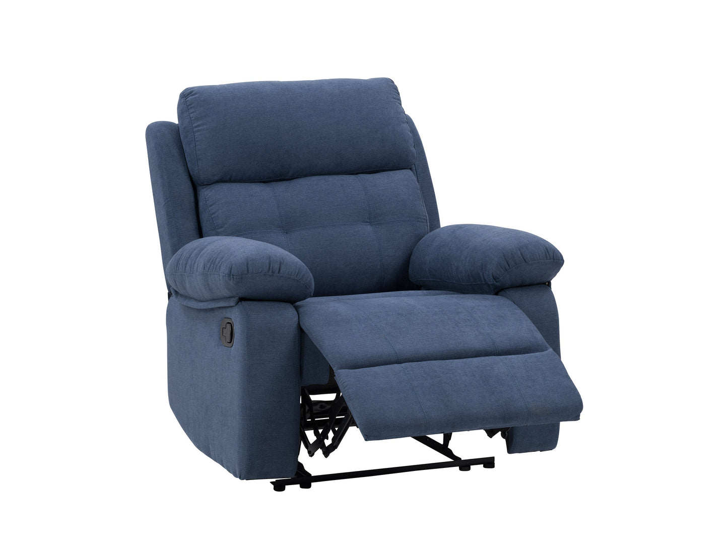 Extra wide blue recliner with plush fabric upholstery, padded armrests, and a sturdy wooden frame; ideal for living rooms and home theaters.