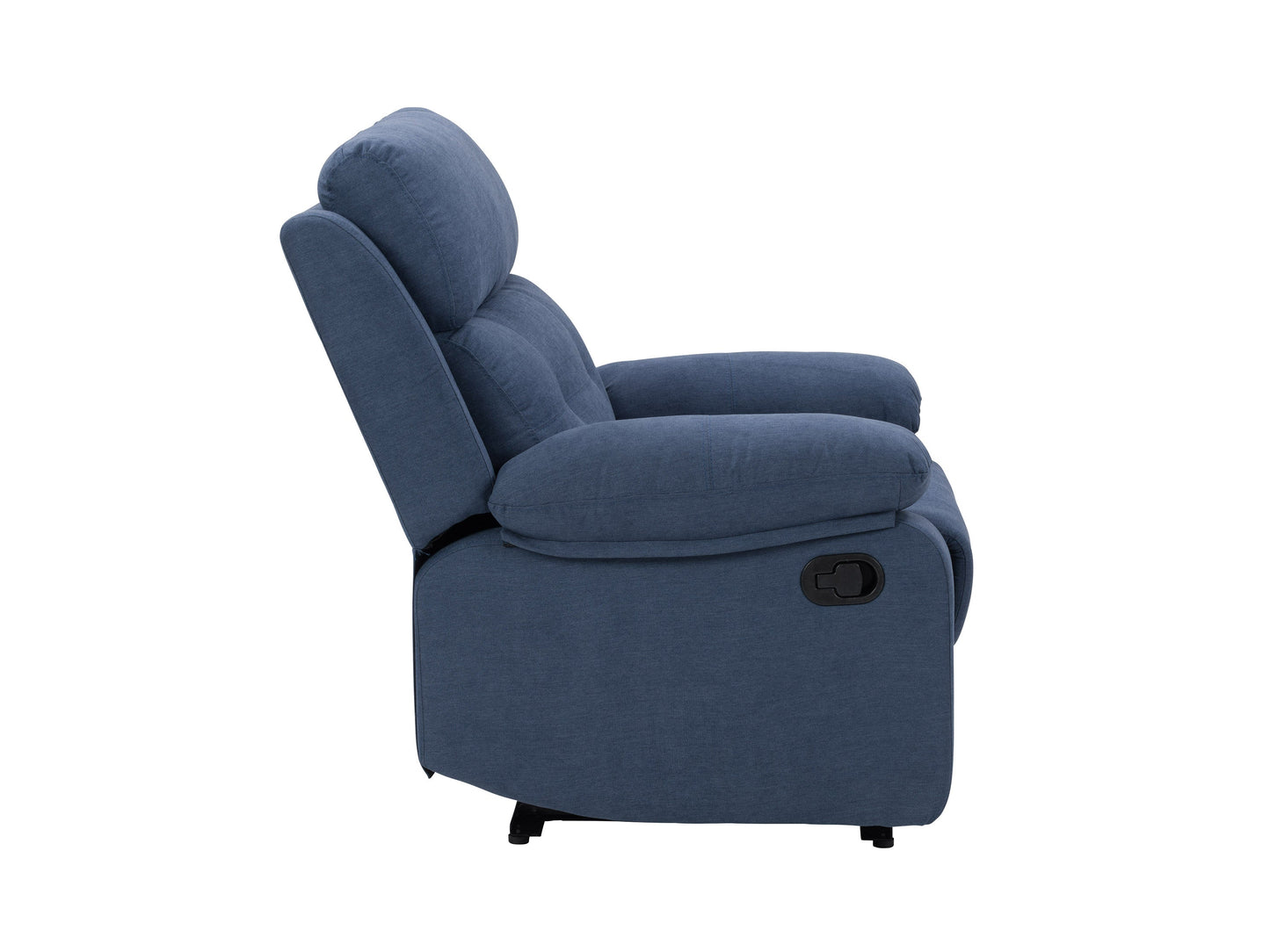 Extra wide blue recliner with plush fabric upholstery, padded armrests, and a sturdy wooden frame; ideal for living rooms and home theaters.