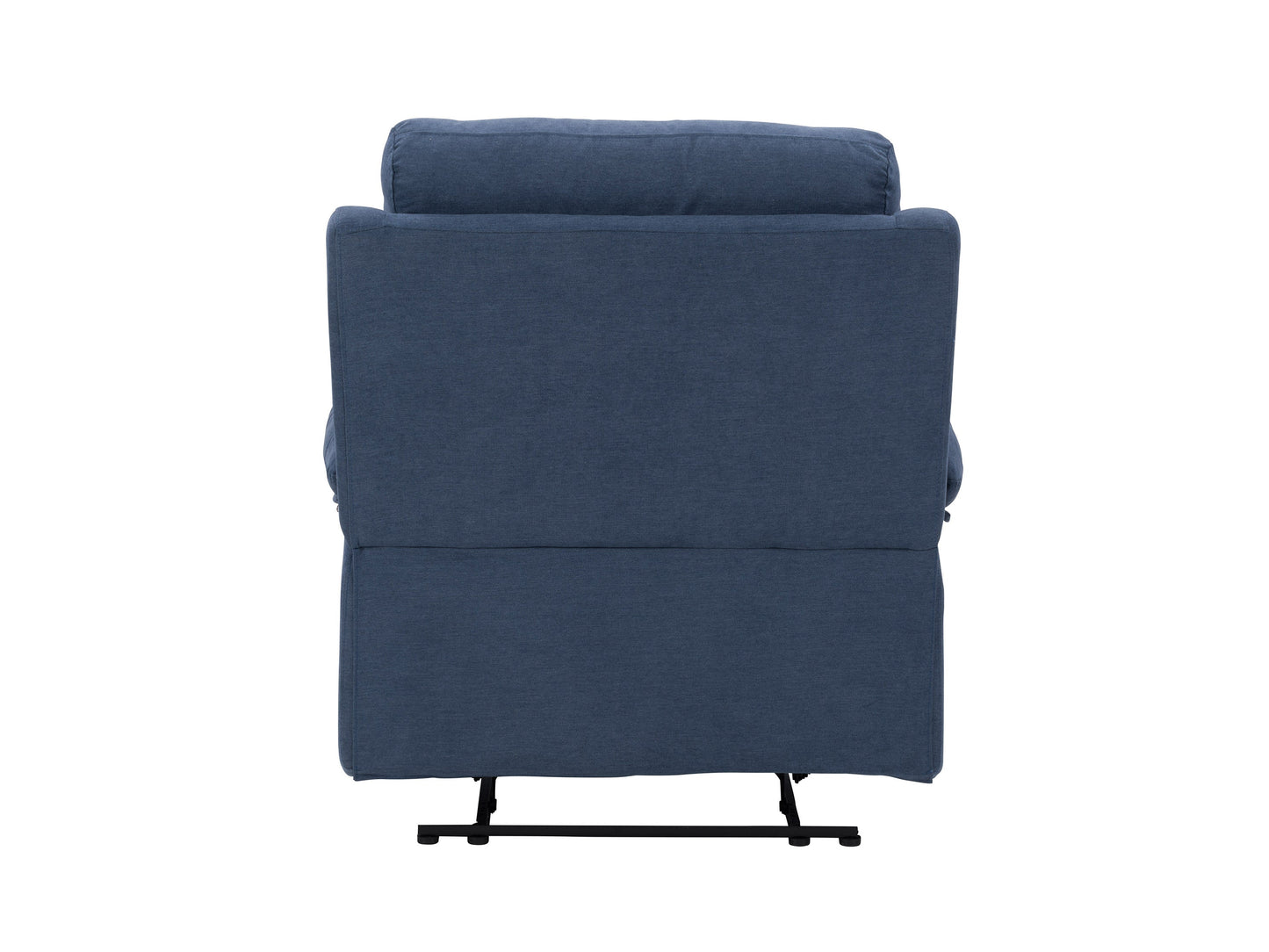 Extra wide blue recliner with plush fabric upholstery, padded armrests, and a sturdy wooden frame; ideal for living rooms and home theaters.