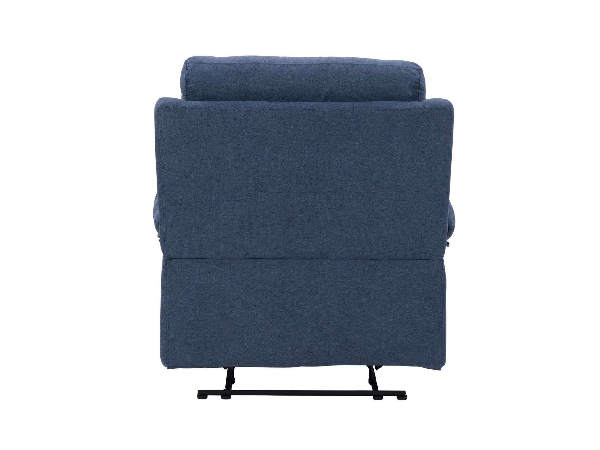 Extra wide blue recliner with plush fabric upholstery, padded armrests, and a sturdy wooden frame; ideal for living rooms and home theaters.