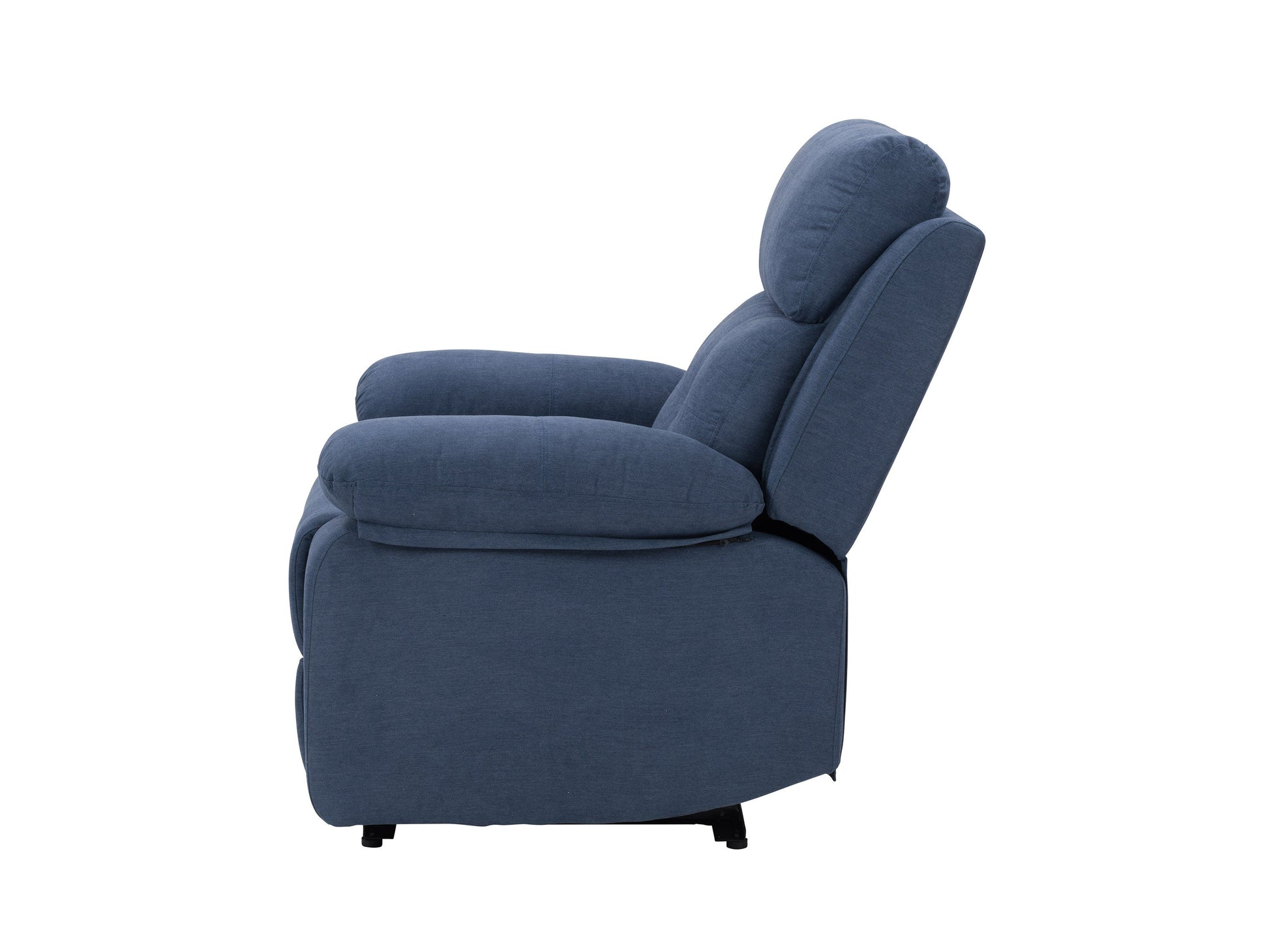 Extra wide blue recliner with plush fabric upholstery, padded armrests, and a sturdy wooden frame; ideal for living rooms and home theaters.
