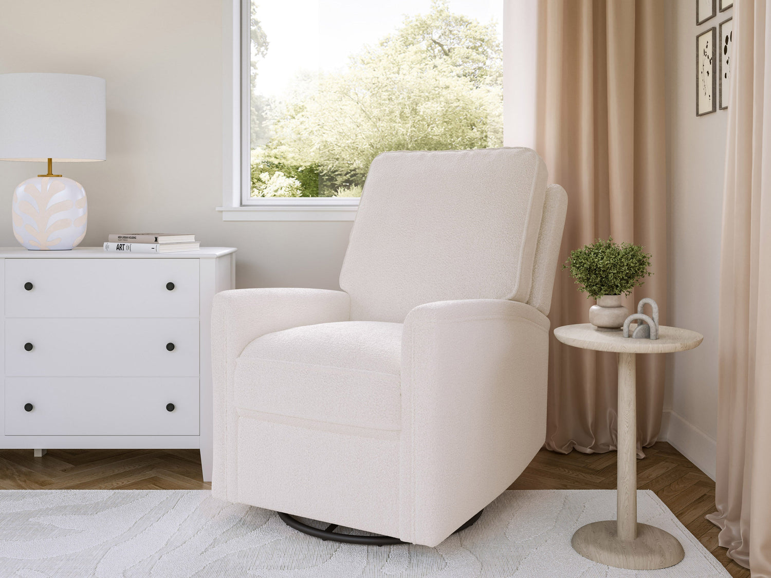 Cream boucle swivel recliner chair with plush texture, ergonomic design, and sleek metal base, perfect for modern living rooms or cozy reading nooks.