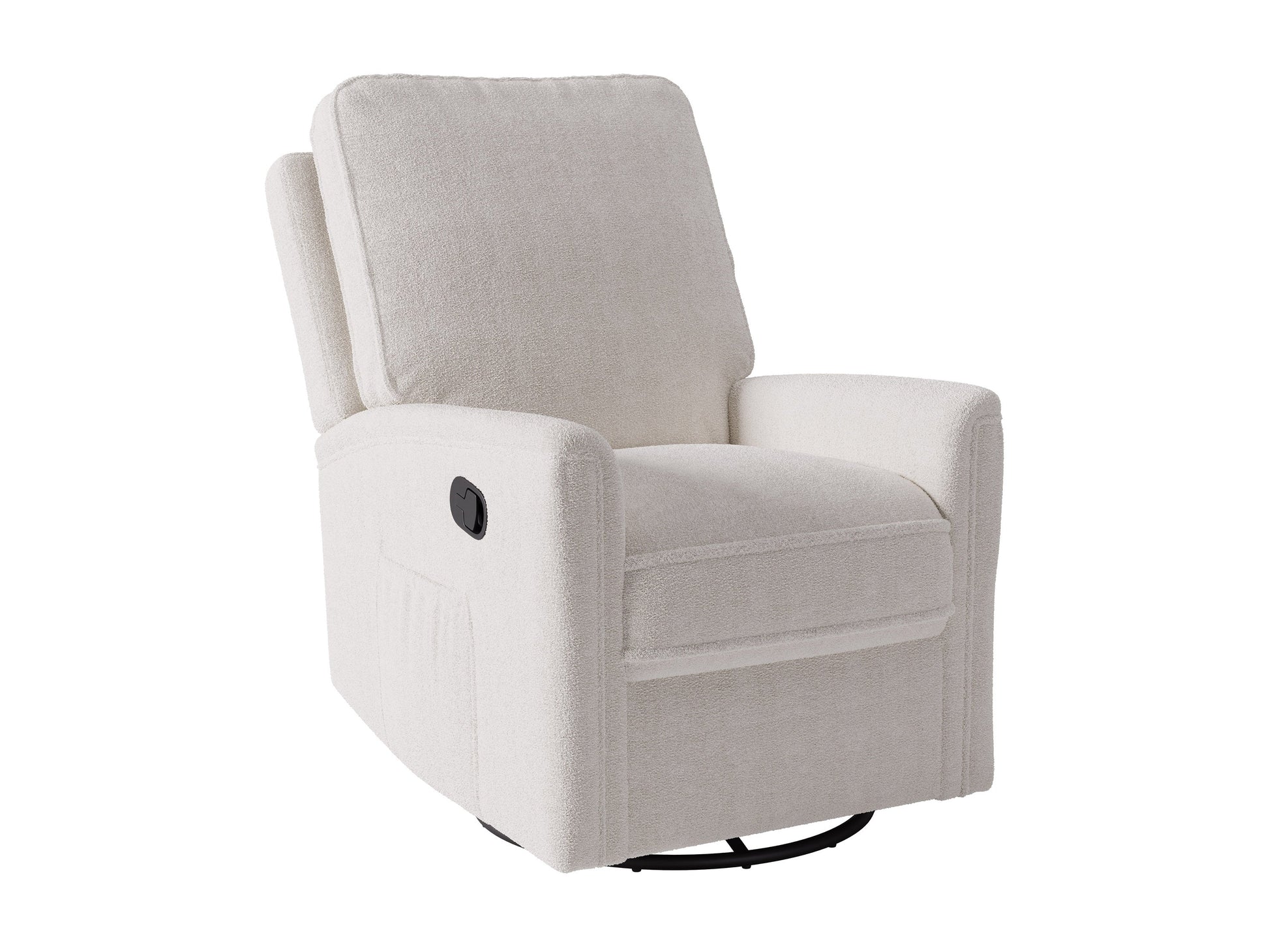 Cream boucle swivel recliner chair with plush texture, ergonomic design, and sleek metal base, perfect for modern living rooms or cozy reading nooks.