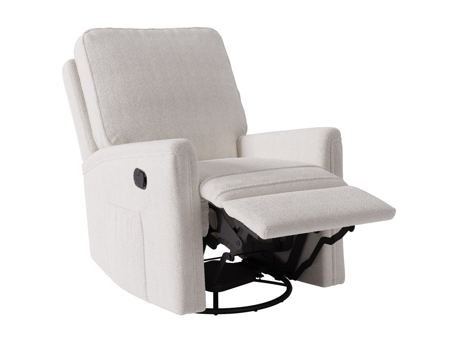 Cream boucle swivel recliner chair with plush texture, ergonomic design, and sleek metal base, perfect for modern living rooms or cozy reading nooks.