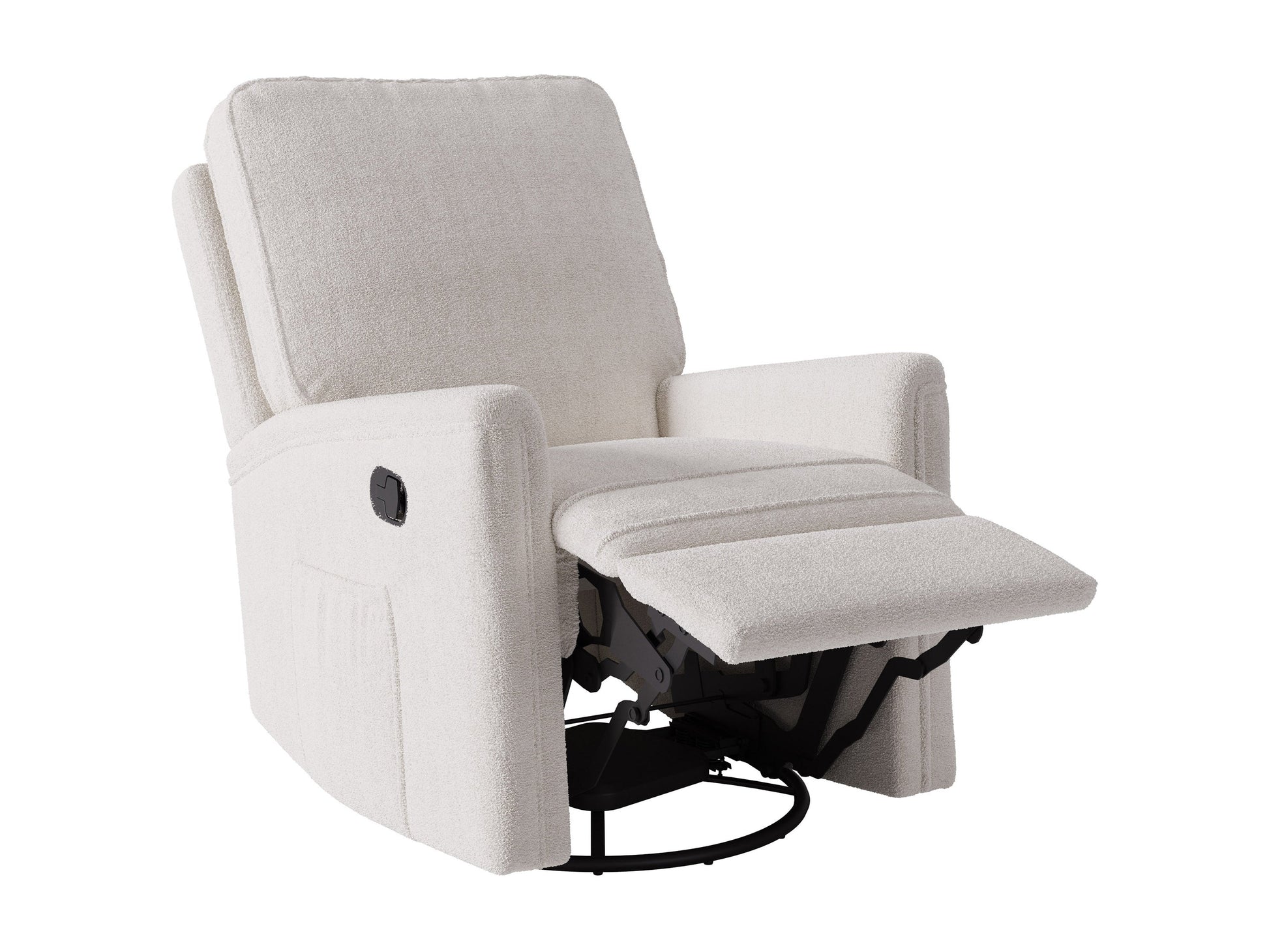 Cream boucle swivel recliner chair with plush texture, ergonomic design, and sleek metal base, perfect for modern living rooms or cozy reading nooks.