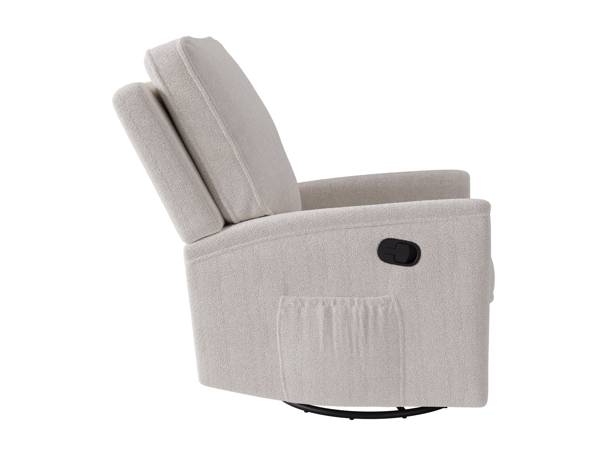 Cream boucle swivel recliner chair with plush texture, ergonomic design, and sleek metal base, perfect for modern living rooms or cozy reading nooks.