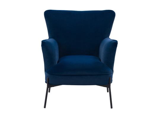Blue modern wingback accent chair with tufted backrest, wooden legs, and soft velvet upholstery, perfect for living room or bedroom decor.