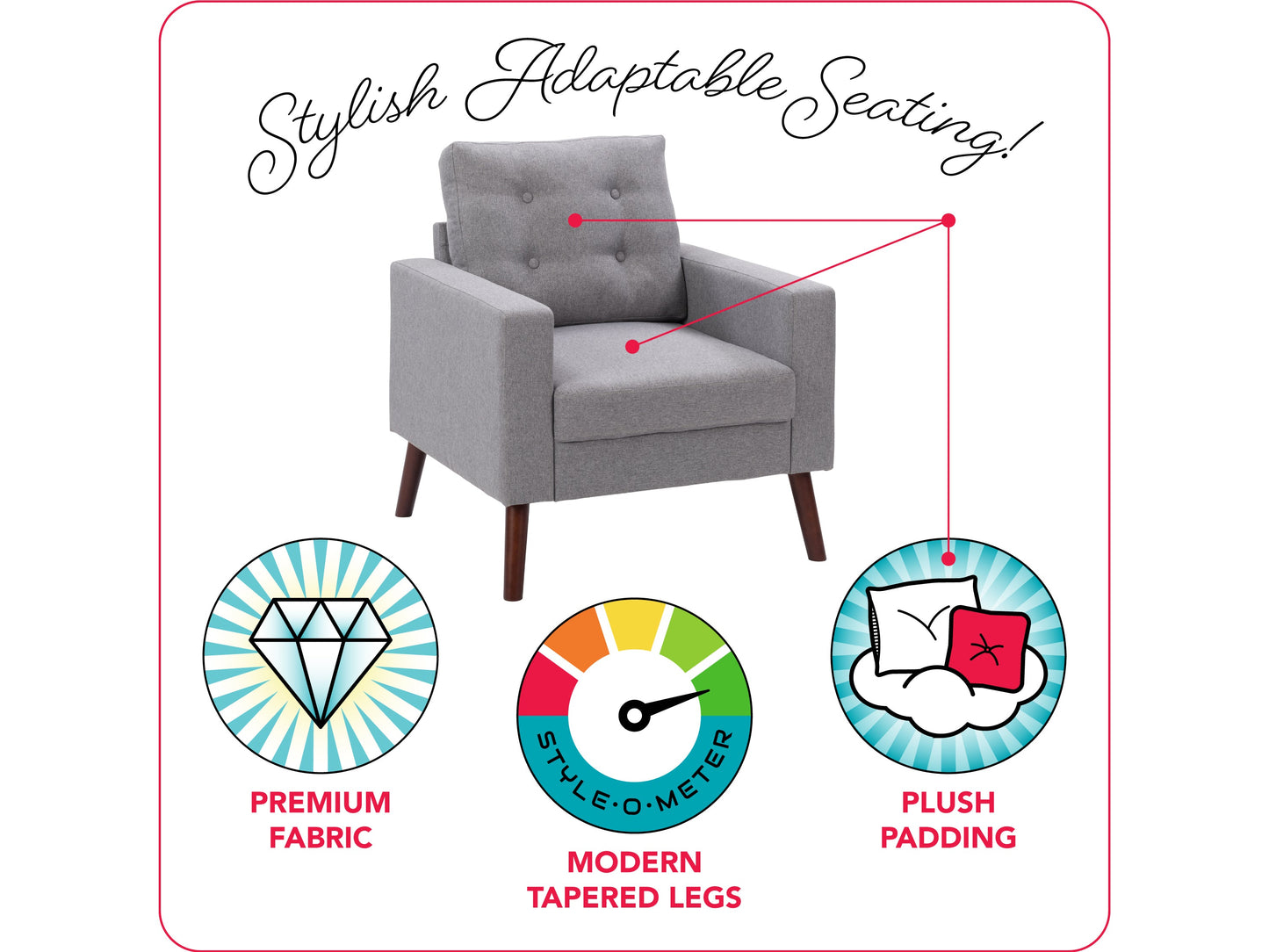 Grey tufted accent chair with wooden legs, featuring soft fabric upholstery, button-tufted backrest, and cushioned seat for comfort. Ideal for living rooms or reading nooks.