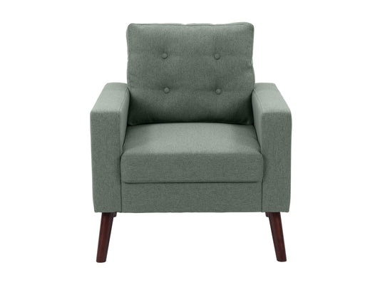 Green tufted accent chair with wooden legs, mid-century modern design, velvet upholstery, and button-tufted backrest.