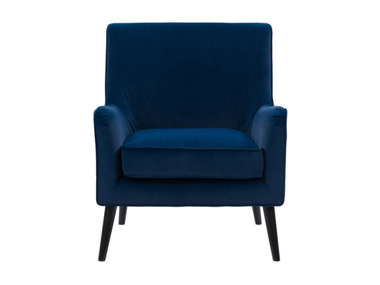 Luxurious blue velvet accent chair with tufted backrest, sleek gold legs, and plush cushioning, perfect for modern living rooms or stylish office spaces.