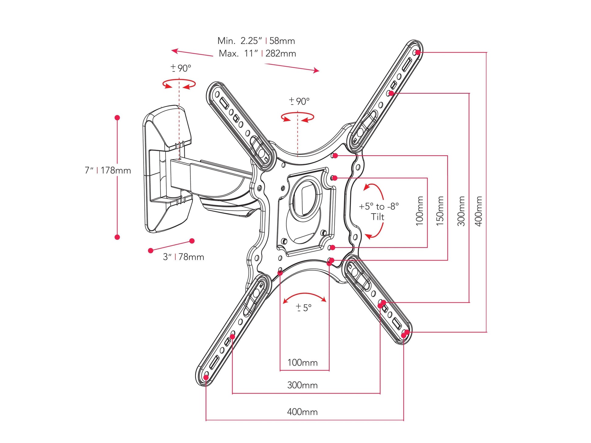 Articulating TV wall mount for 23"-55" TVs, black metal frame with adjustable arms, tilting and swiveling features for optimal viewing angles, compatible with flat-screen televisions, easy installation.