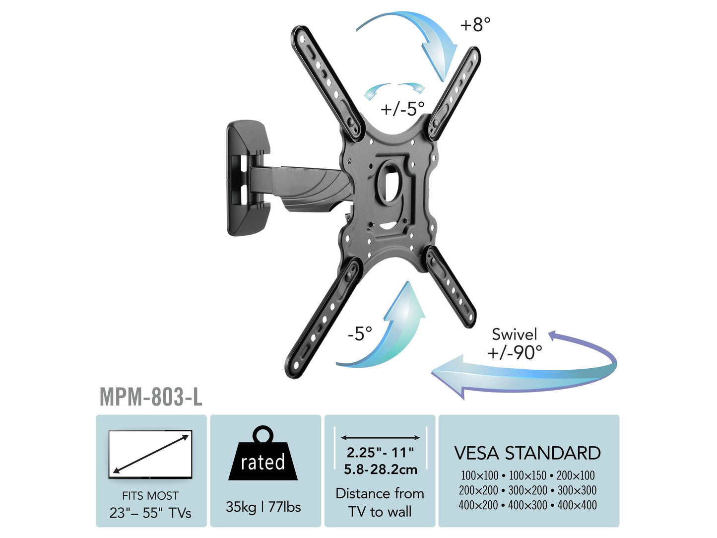 Black articulating TV wall mount for 23" - 55" TVs, featuring adjustable arms, sturdy metal construction, and sleek design for optimal viewing angles. Ideal for modern home entertainment setups.