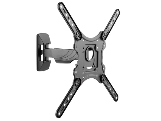 Articulating TV wall mount for 23" - 55" TVs, black metal frame with adjustable arms, tilting and swiveling features for versatile viewing angles, secure mounting hardware included.