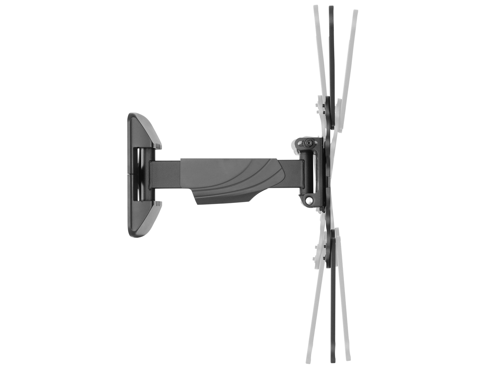 Black articulating TV wall mount for 23" - 55" TVs with adjustable arm, sleek design, and durable metal construction. Ideal for flat screens, enhances viewing angles, and supports secure installation on various wall types.