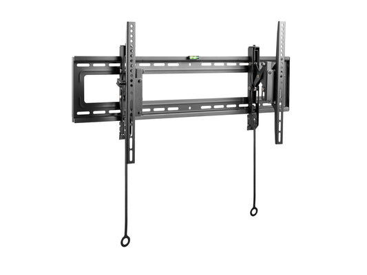 Tilting TV wall mount for 43" - 90" TVs, black steel construction, adjustable tilt, secure mounting brackets, suitable for flat and curved screens, space-saving design, easy installation.