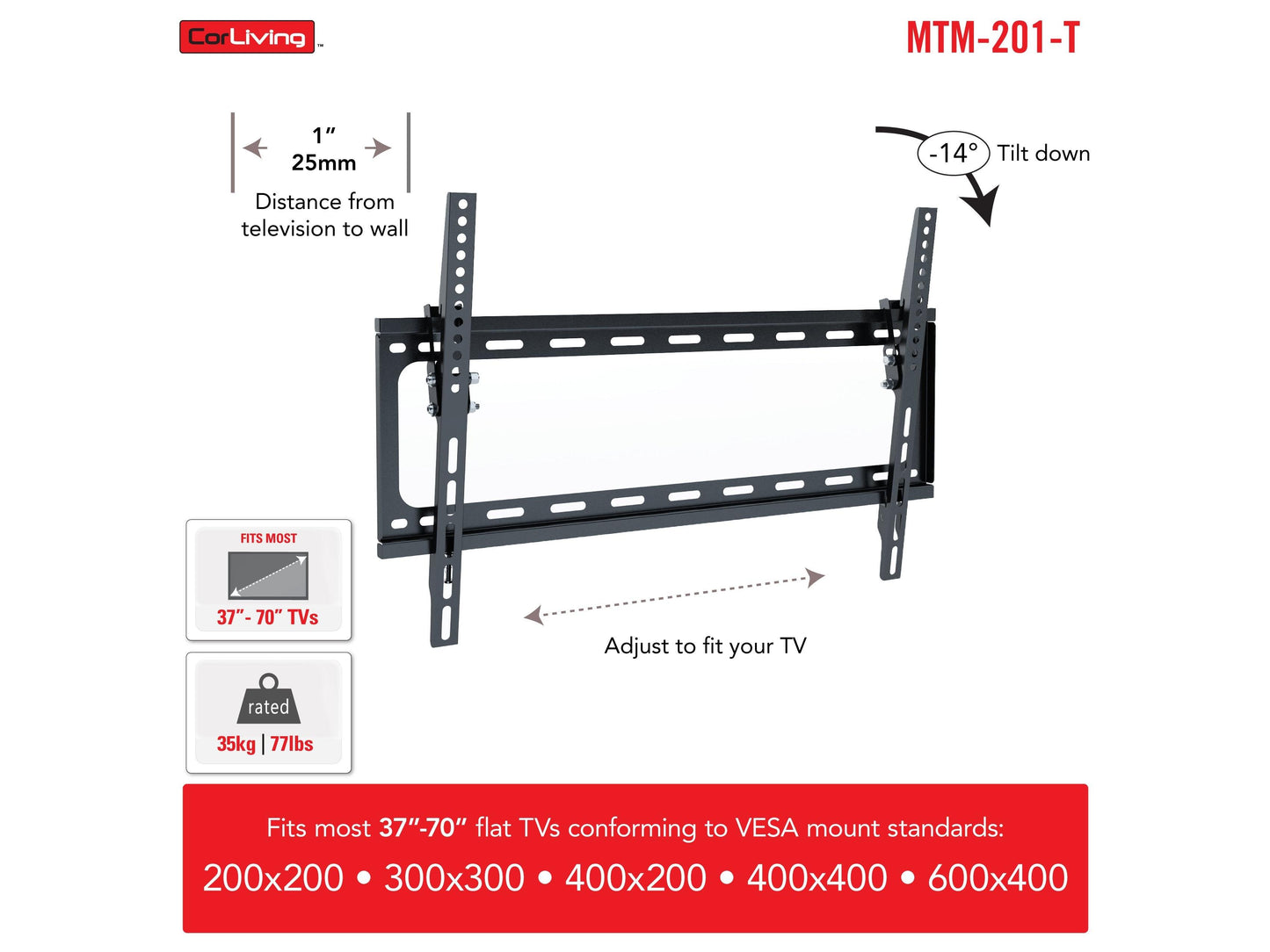 Black 70-inch TV wall mount with adjustable arms, fits 37" to 70" TVs, made of durable steel with a sleek, modern design, suitable for flat-screen TVs, offers tilt and swivel functionality for optimal viewing angles.