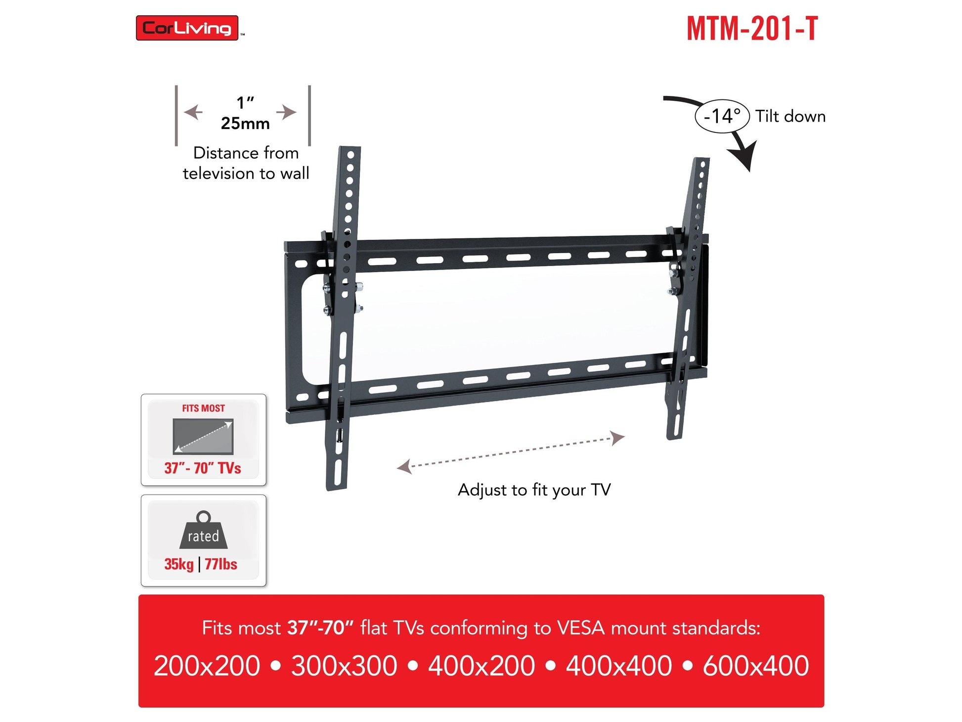 Black 70-inch TV wall mount with adjustable arms, fits 37" to 70" TVs, made of durable steel with a sleek, modern design, suitable for flat-screen TVs, offers tilt and swivel functionality for optimal viewing angles.