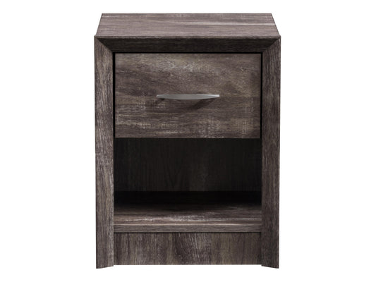 Mid-century modern nightstand with two walnut drawers, light wood body, and angled legs. Features sleek, minimalist design with smooth finish, ideal for bedroom storage and decor.