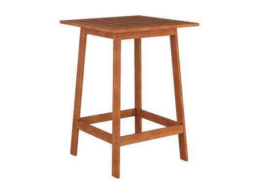 Brown outdoor pub table with a sturdy metal frame, wooden slatted tabletop, and weather-resistant finish, perfect for patios and outdoor dining areas.