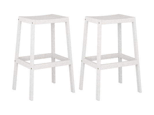 Set of 2 natural wood patio bar stools in washed white finish with slatted backrests and contoured seats for outdoor use.