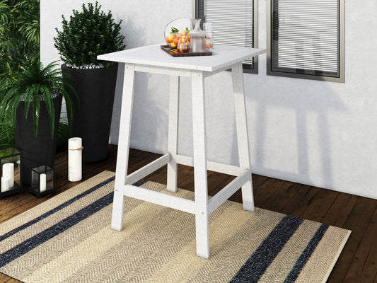 Washed white outdoor pub table with a slatted top and sturdy legs, crafted from weather-resistant wood, perfect for patio or garden use.