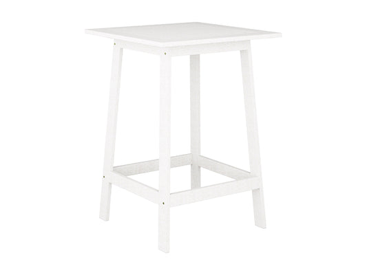 Washed white outdoor pub table with a slatted top and sturdy legs, crafted from weather-resistant wood, perfect for patio or garden use.