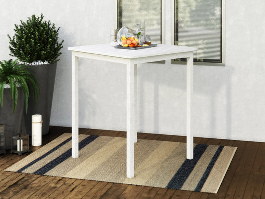 Patio bar height table in washed white finish, featuring a sturdy wooden frame with slatted top and weather-resistant materials, perfect for outdoor dining and entertaining.