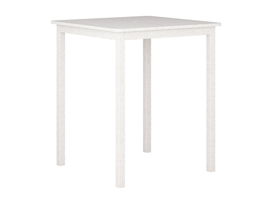 Patio bar height table in washed white finish, featuring a sturdy wooden frame with slatted top and weather-resistant materials, perfect for outdoor dining and entertaining.