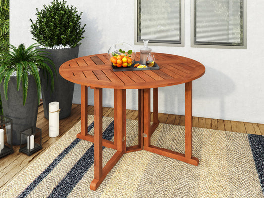 Brown wooden outdoor drop leaf patio table with foldable sides, sturdy legs, and a smooth finish, ideal for small spaces and versatile outdoor dining.