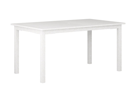 Washed white outdoor wood dining table with slatted top and sturdy legs, perfect for patio dining. Durable wooden construction with a rustic finish, designed for outdoor use. Ideal for garden or backyard settings.