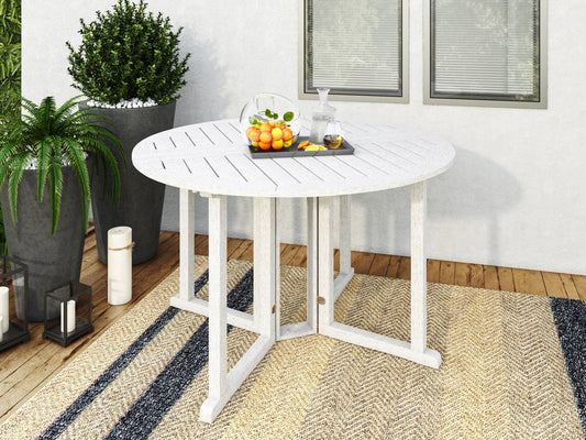 Washed white outdoor drop leaf patio table with foldable sides, crafted from durable wood, featuring a weather-resistant finish and a compact design perfect for small spaces or balconies.