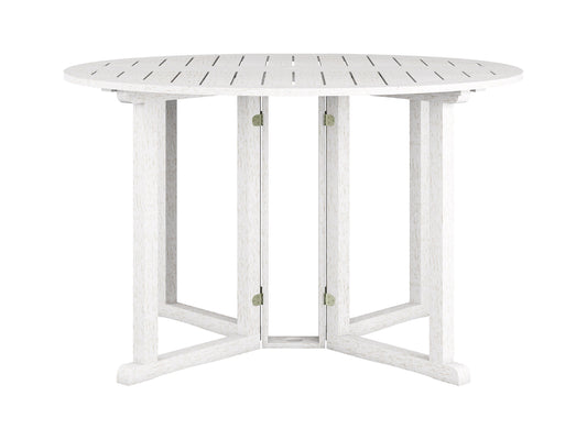 Washed white outdoor drop leaf patio table with foldable sides, crafted from durable wood, featuring a weather-resistant finish and a compact design perfect for small spaces or balconies.