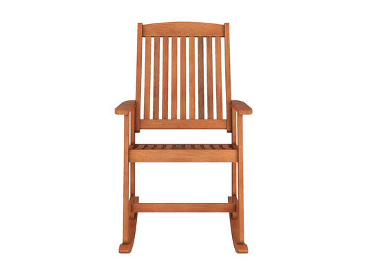 Brown outdoor rocking chair with curved wooden slats, ergonomic armrests, and sturdy frame. Ideal for patios and gardens, providing comfortable seating with a classic rustic design.