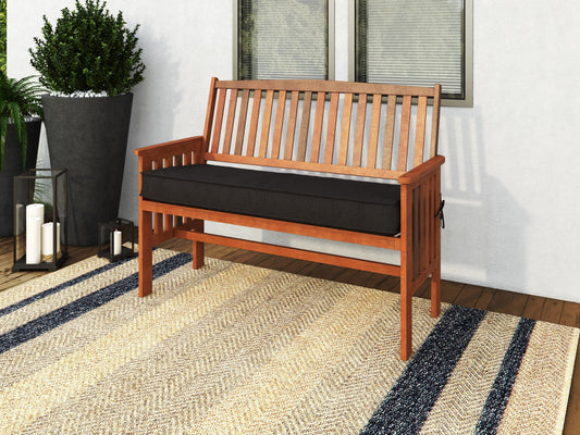 Brown wooden patio bench with backrest, featuring slatted seat and back, sturdy armrests, and natural wood grain texture. Ideal for outdoor seating and garden decor.