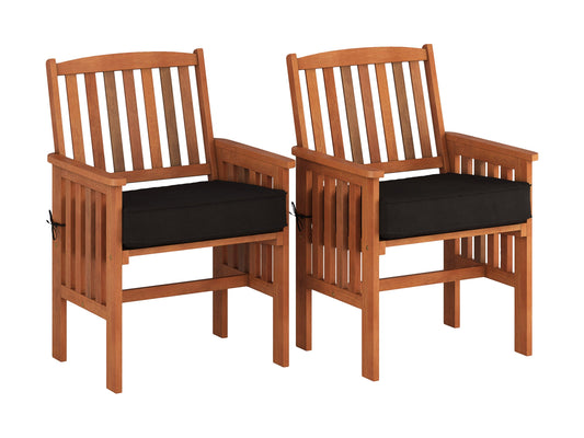 Brown wooden patio armchair set of 2 with slatted backrests, armrests, and cushioned seats, perfect for outdoor use. Durable teak wood construction with natural finish, ideal for garden, porch, or balcony seating.
