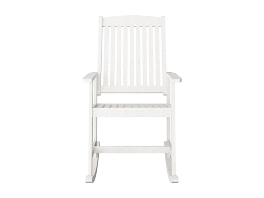 Washed white outdoor rocking chair with curved wooden slats, ergonomic armrests, and a weather-resistant finish perfect for patio relaxation.