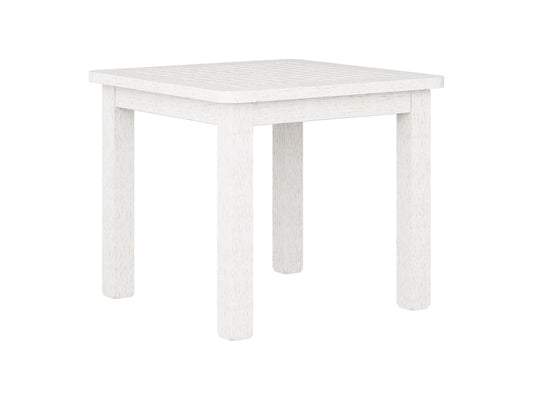 Washed white hardwood outdoor side table with slatted top, sturdy legs, and weather-resistant finish, ideal for patios and gardens.