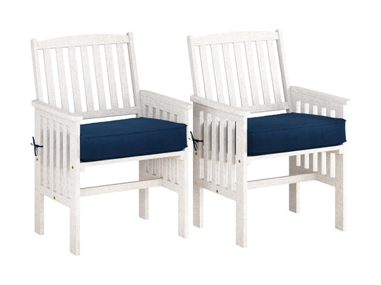 Washed white wooden patio armchair set of 2 with slatted backrest, natural wood grain texture, and sturdy armrests, perfect for outdoor seating and garden decor.