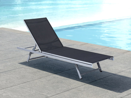 Black recliner lounge chair with cushioned seating, sleek metal frame, and adjustable backrest. Ideal for patios and outdoor relaxation. Durable, weather-resistant materials ensure long-lasting comfort and style.