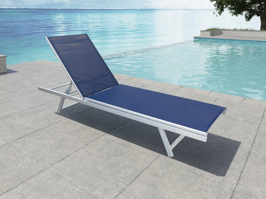 Blue patio recliner lounge chair with plush cushioning, ergonomic design, and durable metal frame. Features adjustable backrest and weather-resistant fabric, perfect for outdoor relaxation.