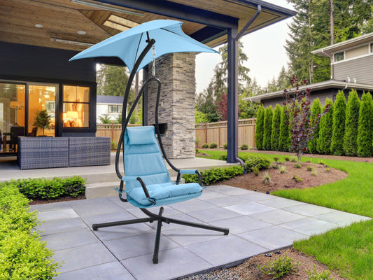 Light blue swing lounge chair with cushioned seat and backrest, sturdy metal frame, and weather-resistant fabric. Ideal for patios and outdoor relaxation.
